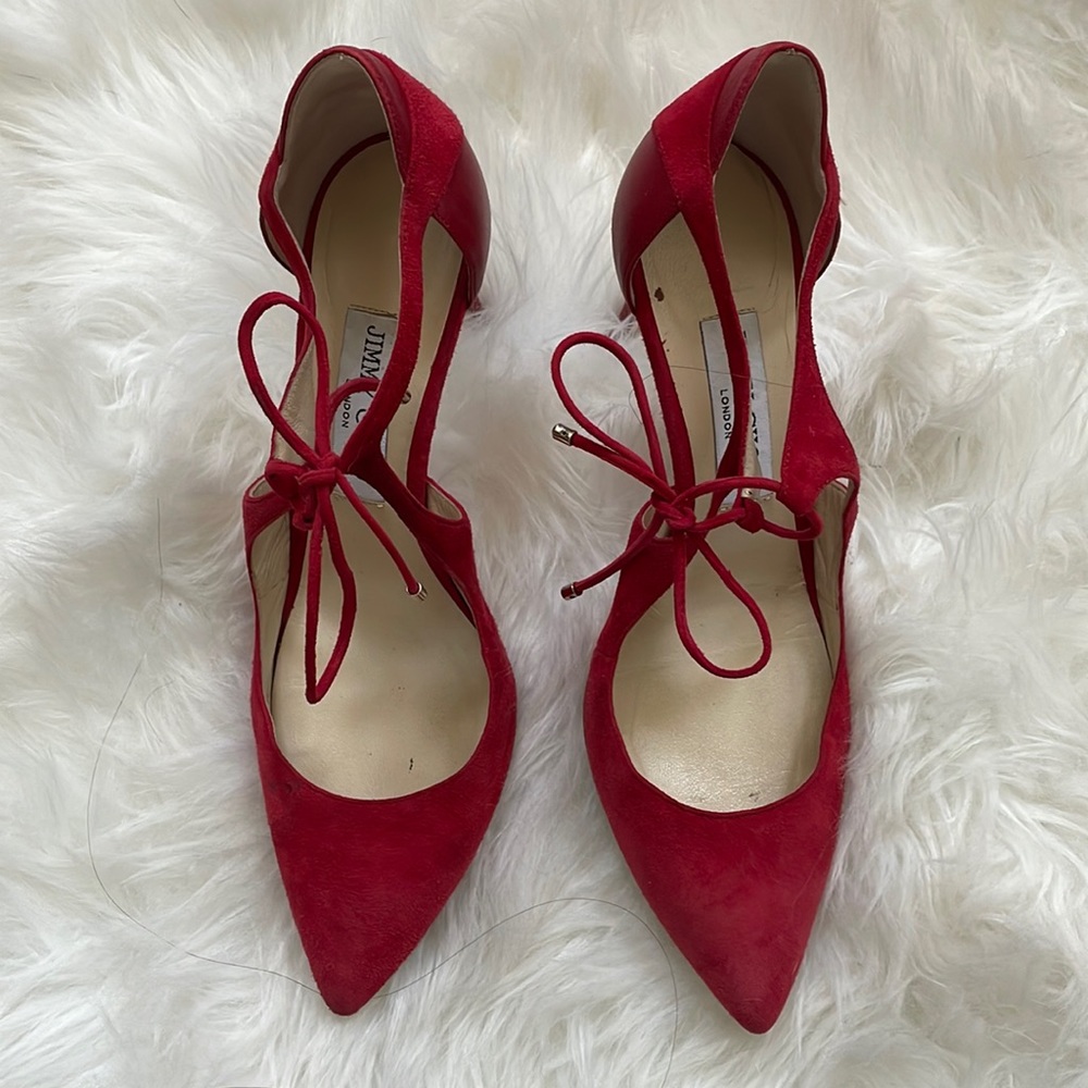 Jimmy Choo Red Suede Pointy Toe Tie Pumps